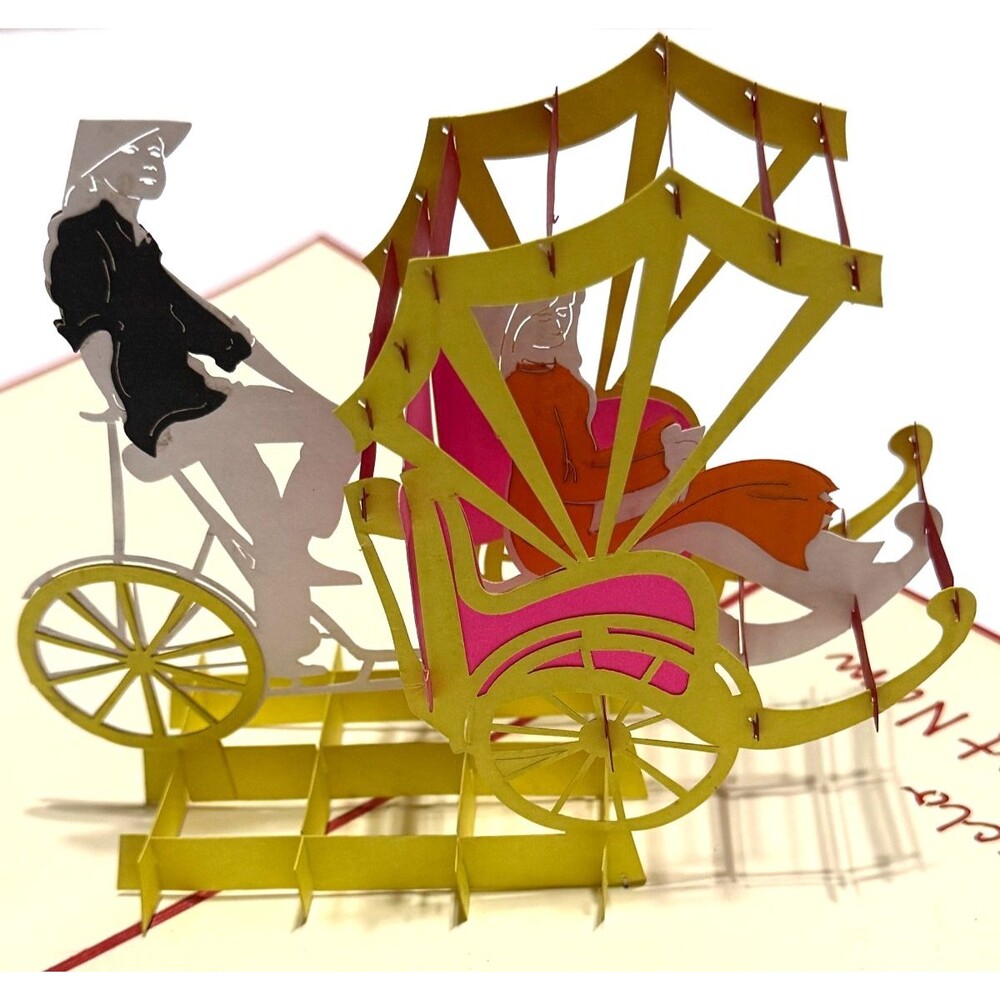 Pop Up Cyclo Rickshaw Vietnam 3D Handcut Paper Red Birthday Greeting Art Card